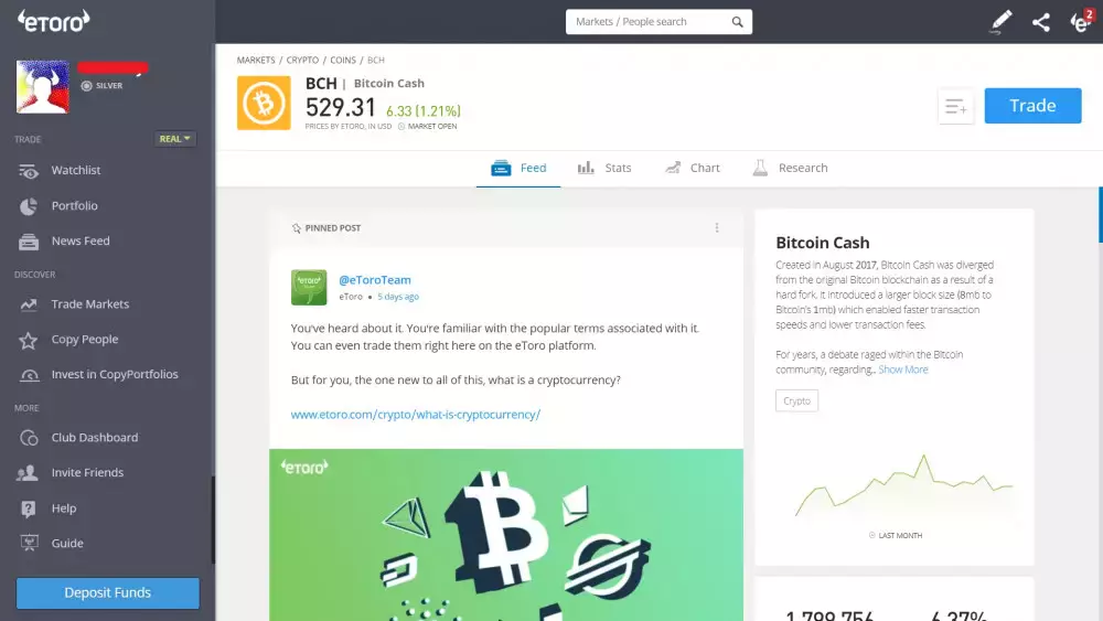 Страница торговли Bitcoin Cash на платформе eToro